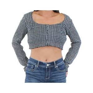 Le Lis Womens Cropped Button Front Blouse / Black + White Plaid Medium